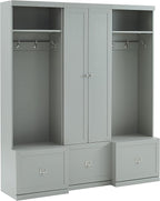Crosley Furniture Harper 3-Piece Hall Tree and Storage Cabinet Set with Entryway Bench and Hooks for Hanging, Gray
