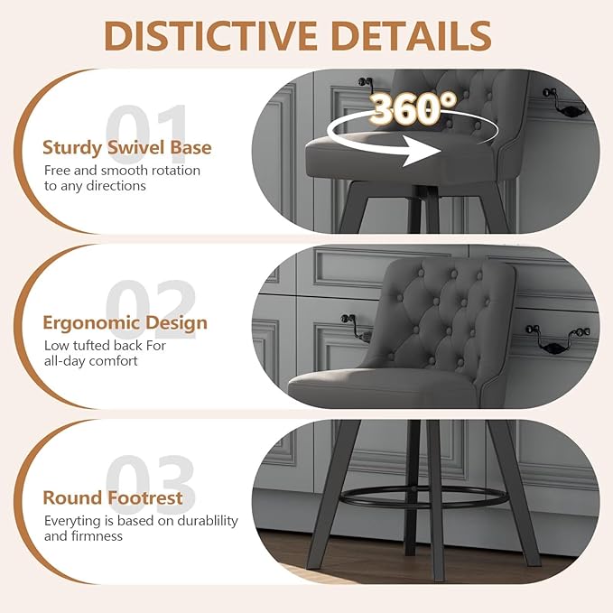 MINCETA Bar Stools Set of 2, PU Leather Barstools, 26 Inch Upholstered Counter Stools with Low Tufted Back and Footrest, Swivel Counter Height Barstools for Kitchen Island Home Bar Dark Gray