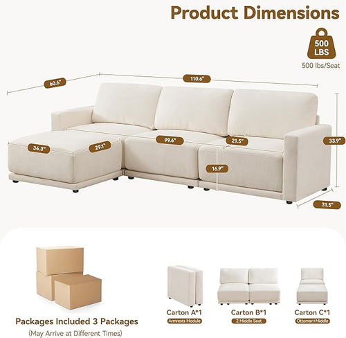 110.6" L-Shaped Modular Sectional Sofa Modern Chenille Comfy Couch with Thickened Seat Cushions, Easy Assembly, Upholstered 4 Seater Couch with Movable Ottoman for Living Room, White