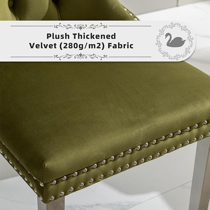 Velvet Upholstered Dining Chairs Set of 2, Modern Kitchen Side Chairs with Nailhead Trim and Silver Plated Leg, Metal Pulling Ring for Dining Room Living Room(Olive Green-Silver Plated Leg)