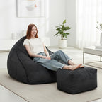 Cloud Bean Bag Chair with Ottoman for Adults, Comfy Corduroy Chaise Lounge Chair with High-Resilience Foam, Oversized Boneless Reading Chair for Bedroom & Living Room Black