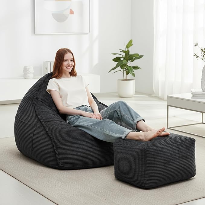 Cloud Bean Bag Chair with Ottoman for Adults, Comfy Corduroy Chaise Lounge Chair with High-Resilience Foam, Oversized Boneless Reading Chair for Bedroom & Living Room (Charcoal)