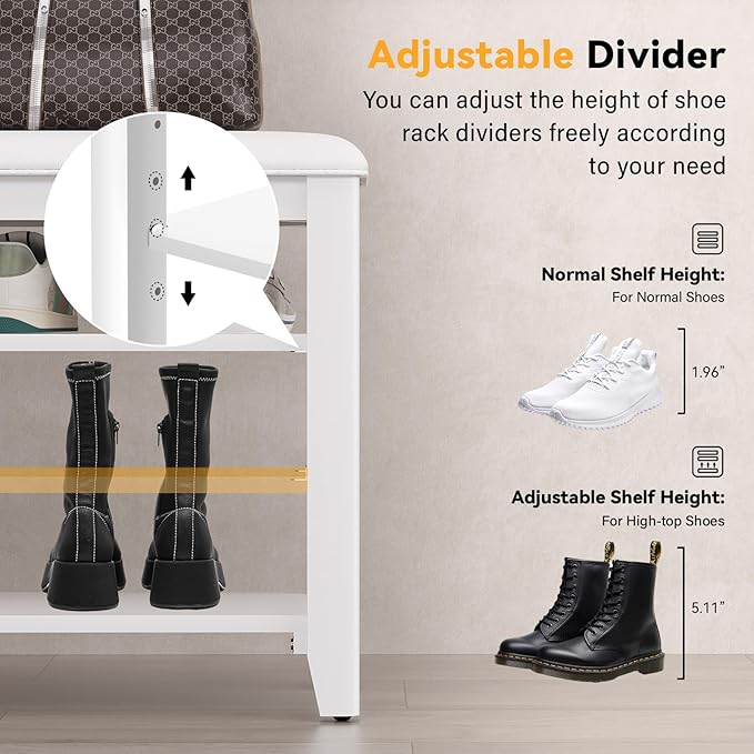 Shoe Bench Storage Rubberwood with Leather Cushion for Entryway Bench Ideal for Hallways Shoe Rack Front Doors Entrances Mudrooms Featuring 3 Height-Adjustable and Removable Shelves