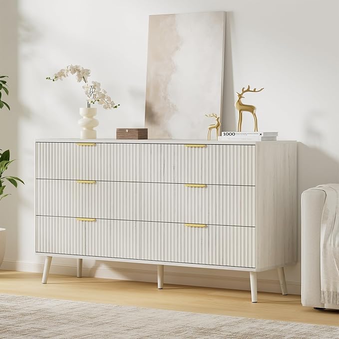 LYNSOM Fluted Dresser and Nightstand Set, 3 Pieces Bedroom Set, 55 Inch Wide 6-Drawer Dresser & 2-Drawer Nightstands Set of 2, Modern Dressers Set for Bedroom, Hallway, White