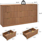 Fluted Dresser for Bedroom with 9 Drawer, 63” Wide Wooden Dresser Mid Century Chest of Drawers with Handle, Dressers TV Stand Storage Organizer for Bedroom, Living Room, Natural Wood