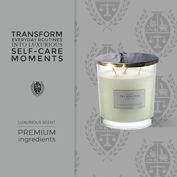 Pecksniffs Classic Gardenia & White Peach Scented Candle | 3 Wicks Luxury Candle in Elegant Glass Vessel with Metal Lid | Gardenia Scented Candles | 550g/19.4oz