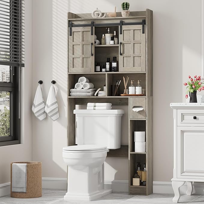 Over The Toilet Storage Cabinet, Farmhouse Storage Cabinet Over Toilet with Sliding Doors，Home Space-Saving Toilet Rack, for Bathroom, Restroom, Laundry.Wash Grey