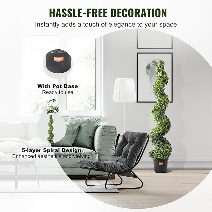VEVOR Artificial Boxwood Topiary Tree, 60 inch Tall (2 Pieces), Spiral Faux Topiary Trees, Faux Plant w/Extra Leaves & Pot & Small Decoration, UV Rated Greenery Set for Home Decor Indoor/Outdoor