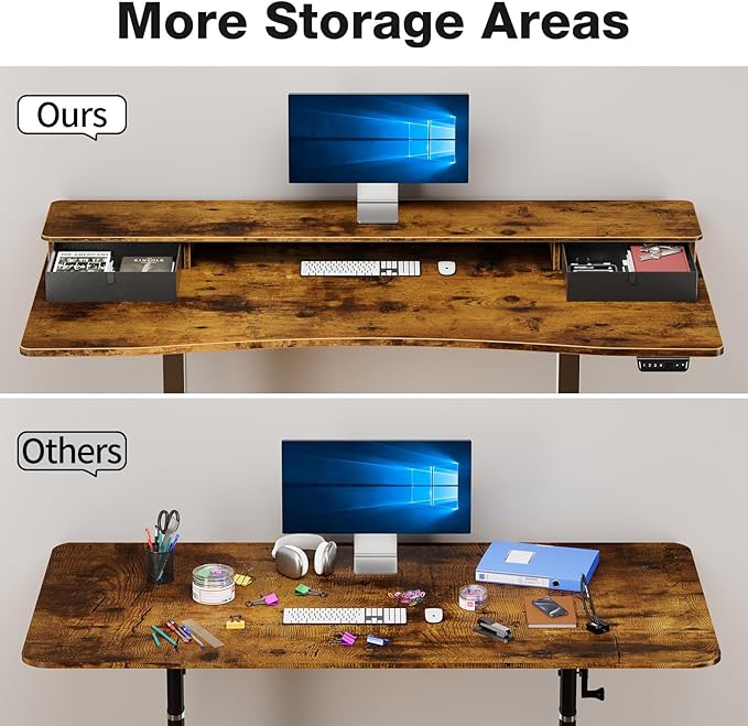 Veken 55"×27.6" Ergonomic Standing Desk with Drawers, Adjustable Height Home Office Desk with Monitor Riser, Computer Table for Work, Study, Gaming, Reading, Brown