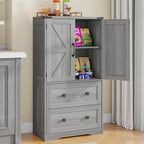 Farmhouse Bathroom Storage Cabinet with 2 Big Drawers and Barn Doors, Kitchen Pantry, Freestanding Storage Cabinet with Adjustable Shelves for Bathroom, Living Room, Kitchen (Wash Grey).