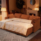 84" Corduroy Pull Out Sofa Bed w/Adjustable Backrests, Sectional L-Shape Sleeper Sofa w/Storage Chaise, Convertible Couch Bed w/USB Charging Port & Cup Holders for Living Room, House, Orange