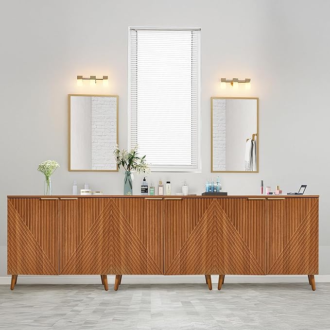 Fluted Storage Cabinet with Doors, Wood Sideboard Buffet Cabinet with Adjustable Shelf, Modern Accent for Living Room, Entryway (Set of 3, Brown)