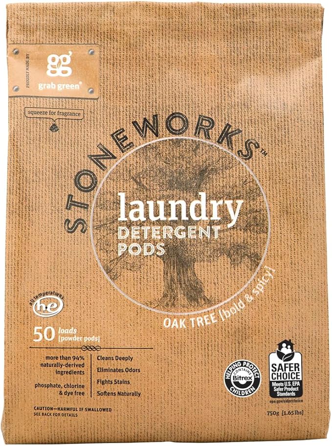 Grab Green Stoneworks Natural Laundry Detergent Powder Pods, Oak Tree, 50 Loads