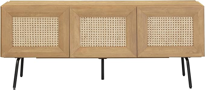 NTC Mossic TV Media Cabinet with 3 Doors for TVs, Entertainment Center with Natural Rattan, Metal Legs, Modern Storage Console for Living Room and Bedroom, Effortless Assembly, Sand