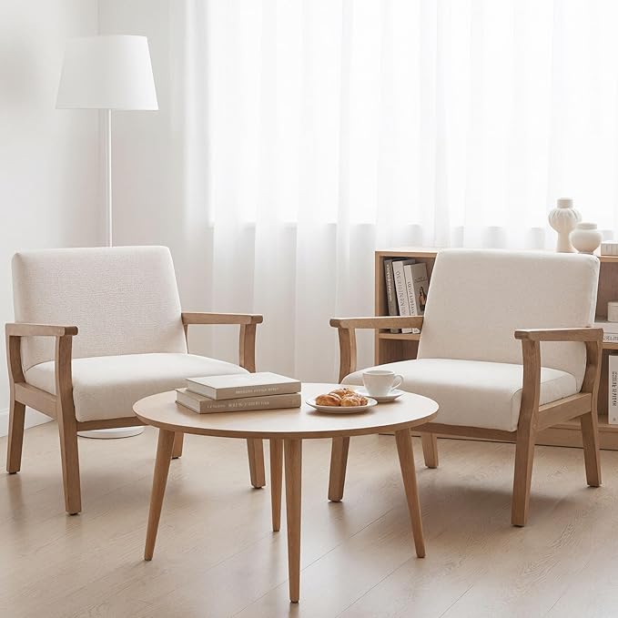 HNY Mid Century Modern Accent Chairs Set of 2 with Wood Frames, Linen Upholstered Living Room Arm Chairs for Living Room, Bedroom, Ivory