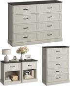CARPETNAL Farmhouse Dresser and Nightstand Sets for Bedroom, 4 Pcs Bedroom Set, 5 Drawer & 8 Drawer Dresser and Nightstand Set of 2, Wood Chest of Drawers for Living Room, Entryway, White