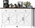 63" Sideboard Buffet Cabinet with Storage, Coffee Bar Cabinet with 3 Drawers and 4 Barn Doors, Long Wider Storage Cabinet Modern Farmhouse, White Wood, for Kitchen, Dining Room, Living Room