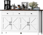 63" Sideboard Buffet Cabinet with Storage, Coffee Bar Cabinet with 3 Drawers and 4 Barn Doors, Long Wider Storage Cabinet Modern Farmhouse, White Wood, for Kitchen, Dining Room, Living Room