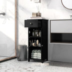 LOKO Bathroom Floor Cabinet, Modern Single Door Storage Cabinet with Drawer & Adjustable Shelves, Corner Narrow Storage Organizer for Living Room, Entryway (Black)