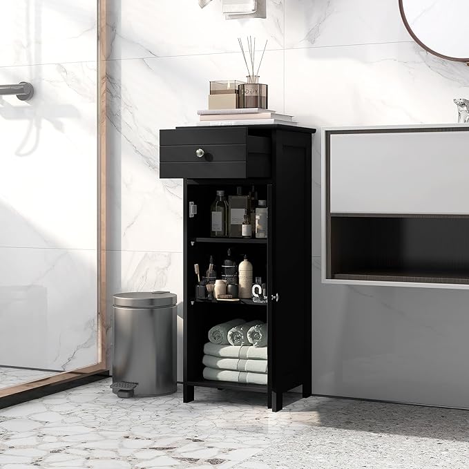 LOKO Bathroom Floor Cabinet, Modern Single Door Storage Cabinet with Drawer & Adjustable Shelves, Corner Narrow Storage Organizer for Living Room, Entryway (Black)