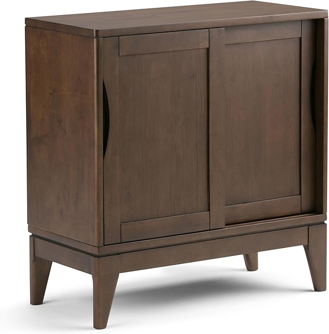SIMPLIHOME Harper SOLID WOOD 30 inch Wide Mid Century Modern Low Storage Cabinet in Walnut Brown, with Large Space Behind 2 Sliding Notched Handle Doors with 2 Adjustable Shelves
