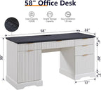JXQTLINGMU 58" Modern Executive Desk with Storage, Wood Home Office Desk with 5 Drawers & 1 Cabinet, Fluted Computer Writing Desk for Study, Living Room, Bedroom, Antique White