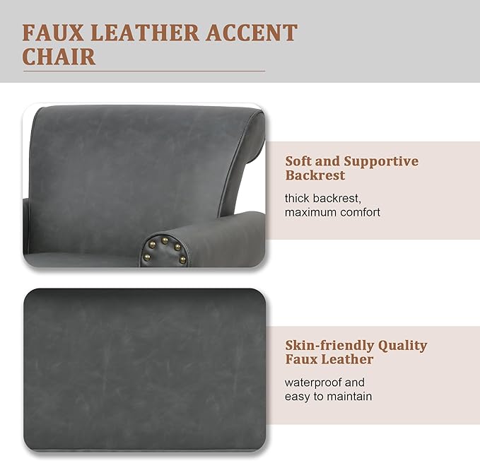 Accent Chair, Mid Century Modern Faux Leather Arm Chair with Wood Leg for Living Room, Bedroom, Comfy PU Leather Club Reading Chairs with Wingback & Nailhead Trim (Leather Black Grey, Set of 2)