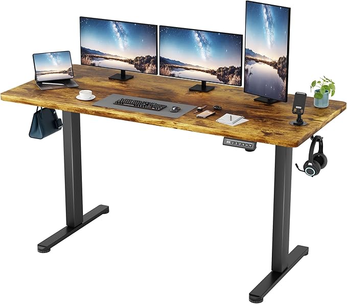 Shahoo 55 Inch Standing Desk, Electric Height Adjustable Computer Desks with Hook and Cable Hole, Rustic Brown