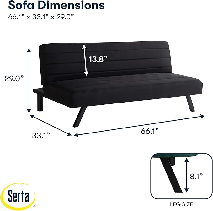 Serta® Damien 66.1" Convertible Futon Sofa, Dreamcoil® Comfort, FingerGuard® Pinch Point Protection, Woven Polyester Fabric, Black