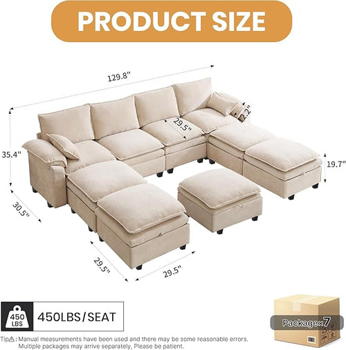 130" U Shaped Modular Sectional Sofa, Couch with Ottoman Storage, Chenille Cloud Couch with Plush Deep Seating for Living Room, Bedroom (9 Seat, Beige)