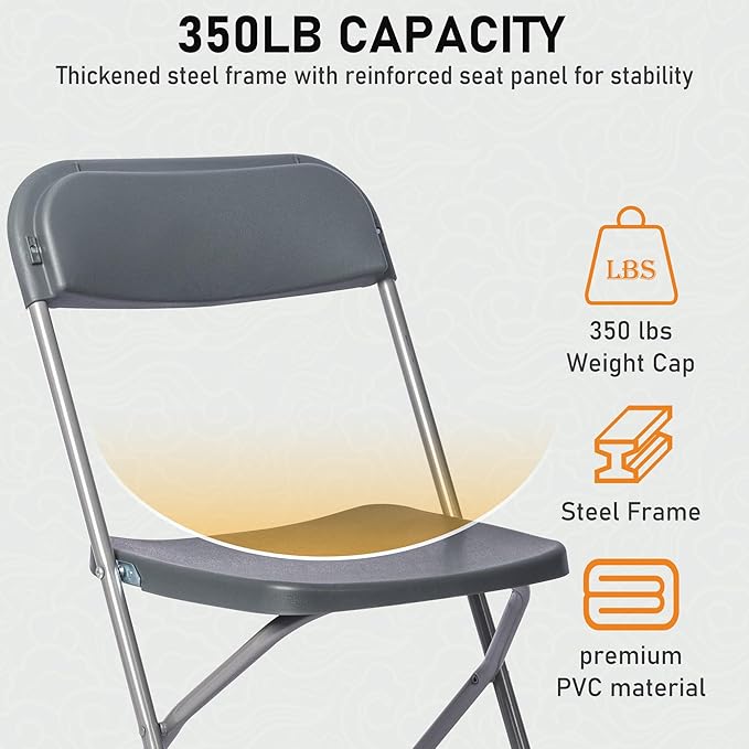 SEALAMB Plastic Folding Chairs 30 Pack, Gray Commercial Portable Indoor/Outdoor Chairs for Home Office, Wedding, Events Parties with Steel Frame, 350lbs Capacity (Gray-Plastic, 30 Pack)