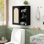 RUSTOWN Boho Rattan Wall Cabinet, Midcentury Bathroom Cabinet with Sliding Door, Adjustable Shelves, Over The Toilet Storage Cabinet (Black)