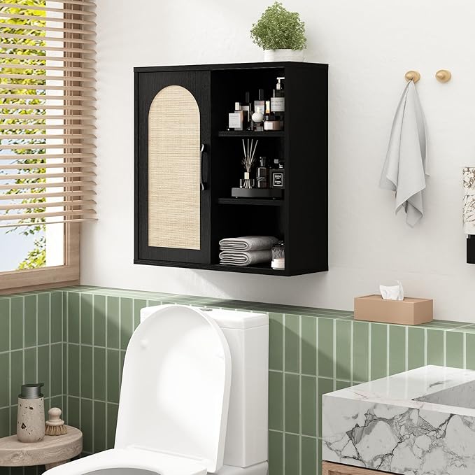 RUSTOWN Boho Rattan Wall Cabinet, Midcentury Bathroom Cabinet with Sliding Door, Adjustable Shelves, Over The Toilet Storage Cabinet (Black)