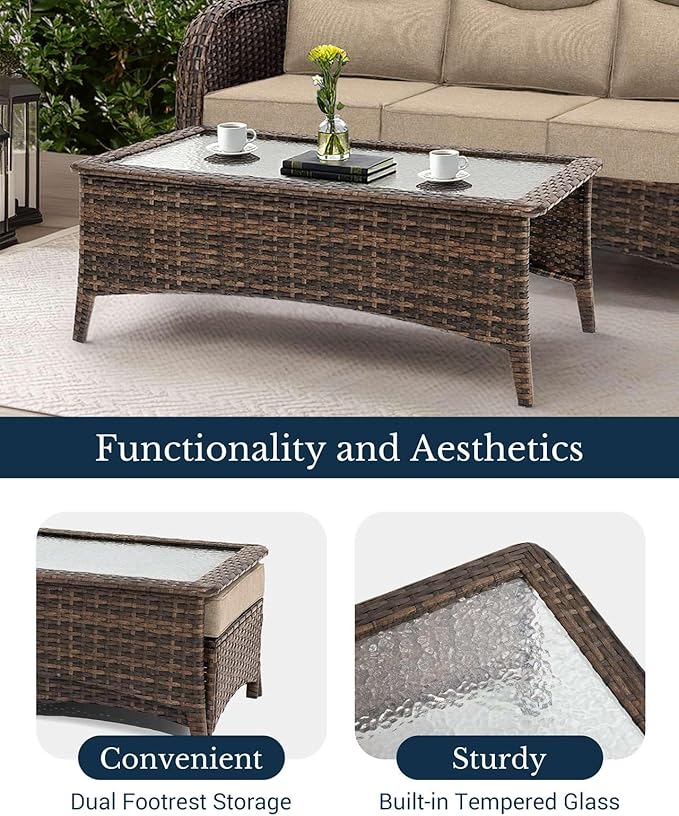 HILLGA Luxury Patio Furniture Set with 6-Inch Thick Cushions, High Back Outdoor Swivel Rocker Chairs and Patio Couch, 10-Piece All Weather Conversation Set for Porch Deck Pool Yard, Beige (V3)