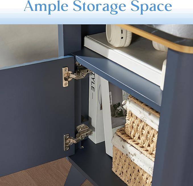 QUW Fluted Nightstands Set of 2 with Charging Station, 18" Modern Side Table, Wooden Bedside Table with Faux Marble Top, Open Storage, Cabinet, End Table for Bedroom, Living Room, Navy Blue