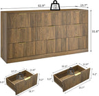 Fluted Wood Dresser for Bedroom,63” Wide 9 Drawer Dresser Mid Century Chest of Drawers Wooden with Gold Handles,Dressers TV Stand Storage Organizer for Closet,Bedroom,Living Room, Walnut