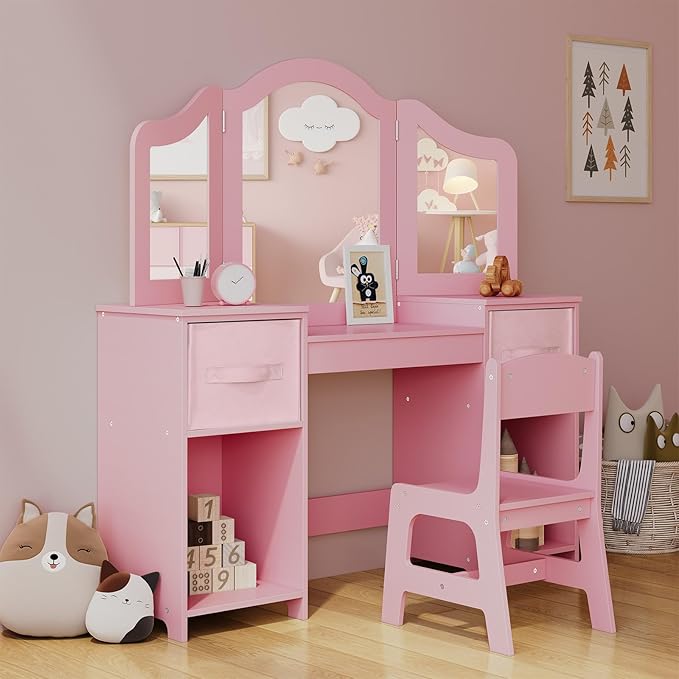 Arlopu Kids Vanity Set, 2 in 1 Toddler Makeup Dressing Table and Chair Set w/Detachable Tri-fold Mirror, Open Shelves, Princess Wooden Pretend Play Desk Furniture Toy for Little Girl (Pink)