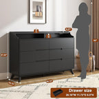 Dresser for Bedroom with 6 Drawers, 55" Large Dresser & Chest of Drawers with Charging Station, Wood Closet Clothes Storage Long Dressers Organizer for Bedroom Living Room Hallway, Black