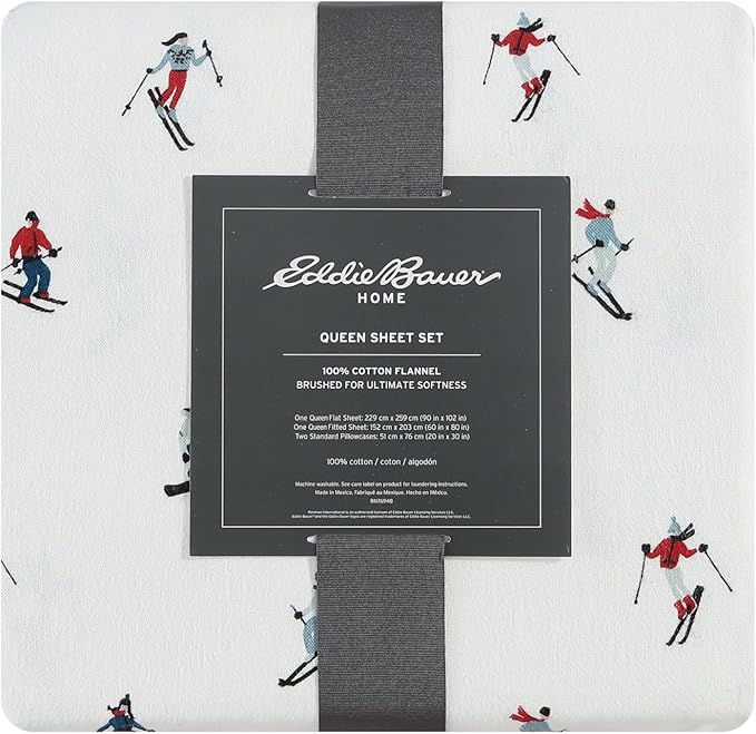 Eddie Bauer - Flannel Sheets Queen Size, Anti-Pilling & Wrinkle Resistant Cotton, Touchably Soft for All-Season Comfort - Bed Sheets with Matching Pillowcases & Fitted Sheet (Ski Slope White)