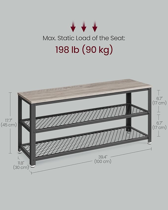 VASAGLE, 3-Tier Shoe Rack, Shelf Storage Bench with Metal Mesh Shelves and Seat, Free Standing Shoe Organizer for Entryway, 11.8 x 39.4 x 17.7 Inches, Greige and Black ULBS078K01
