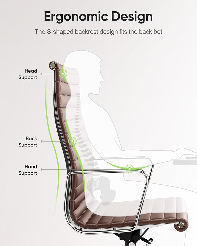 Ribbed Office Chair Top Grain Leather Desk Chair High Back Genuine Leather Swivel Chairs with Aluminum Alloy Arms & Base, with Silent Nylon Wheels, High Adjustable and Tilting Function, Brown