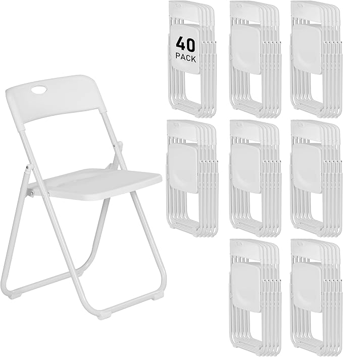 40 Pack White Plastic Folding Chairs, Indoor Outdoor Portable Stackable Commercial Seats with Steel Frame for Home Office Wedding Party Events Kitchen Dining, 350lb Capacity