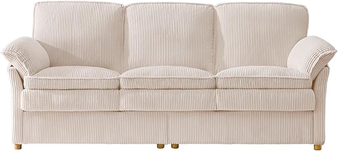 ONBRILL 86.6" Corduroy Couches for Living Room, Comfy 3 Seater Sofa with Pillow-Top Armrest & Dual-Layer Cushions, Mid Century Modern Couch for Bedroom, Apartment, Beige