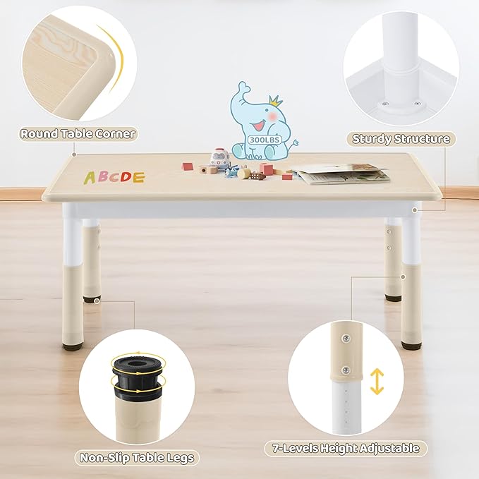 Toddler Table, 7 Level Height Adjustable Kids Play Furniture for Ages 3-8, Rectangular Plastic, 23.6" W x47.2 L, Multi-Activity Desk with Graffiti Desktop for Home & Daycare