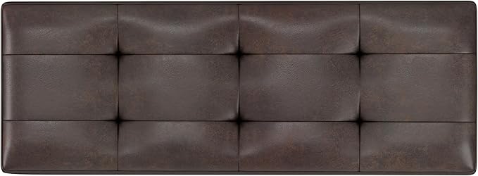 SIMPLIHOME Shay 48 inch Wide Mid Century Modern Rectangular Storage Ottoman in Distressed Chestnut Brown Vegan Faux Leather, Assembled, For the Living Room, Entryway and Family Room