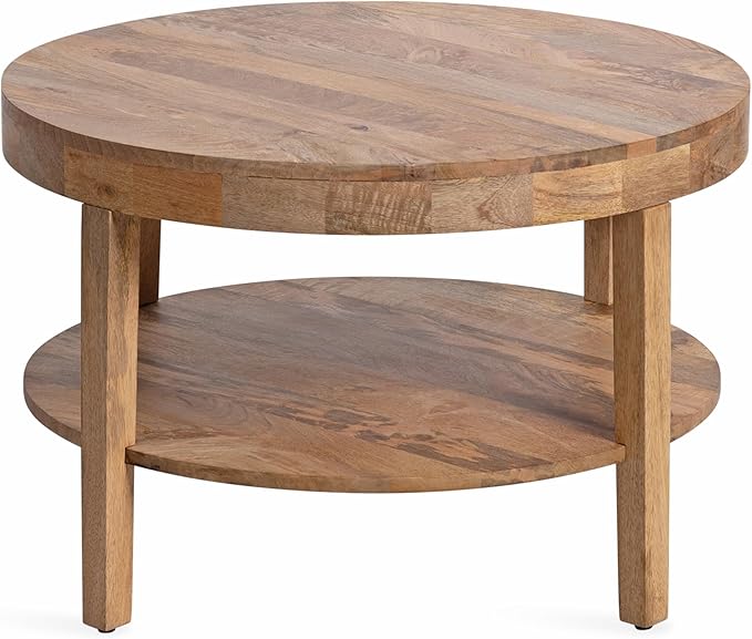 Kate and Laurel Talcott Tiered Modern Round Coffee Table, 28 x 28 x 18, Natural Wood, Transitional Two-Tier Circle Living Room Table with Storage and Mango Wood Construction