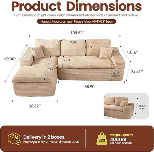 106" Oversized Couch Sofa, L Shape Couches for Living Room, No Assembly Required Corduroy Sectional Sofas with Left Facing Chaise for Home Apartment