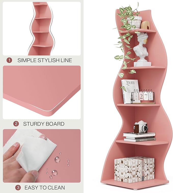Tribesigns Corner Shelf, Modern 5-Tier Wall Corner Bookshelf, Stylish Corner Small Bookcase Storage Rack Plant Stand with Unique Shape for Living Room, Home Office (Pink, 2PCS)