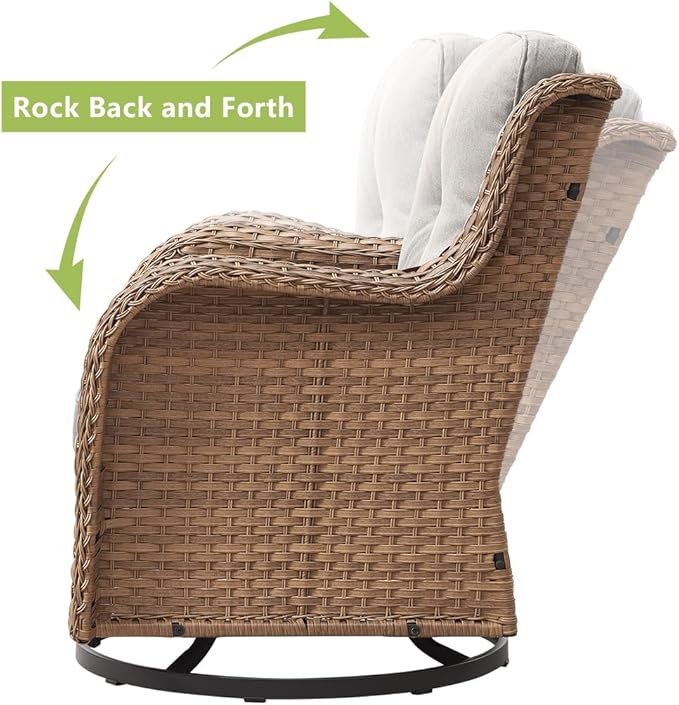 HUMMUH 3-Piece Swivel Rocking Rattan Chair Outdoor, Patio Bistro Furniture Conversation Set, Cushioned Wicker Chair with Glass Coffee Table(Yellow,Beige)