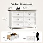 Amada 6 Drawers Dresser for Bedroom, Farmhouse 47" Wide Dresser & Chest of Drawers with Roman Column Design, Large Storage Organizer with 6 Drawer Sizes for Bedroom, Living Room